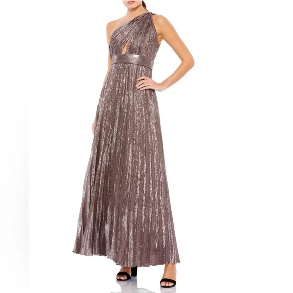 slim fit dress slacks Maria Lucia Hohan Riley Pleated Metallic Maxi Dress